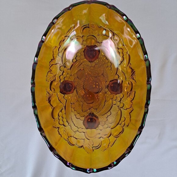 Indiana Glass Amber Carnival Glass Oval Footed Fruit Bowl Embossed Vintage - Picture 6 of 11